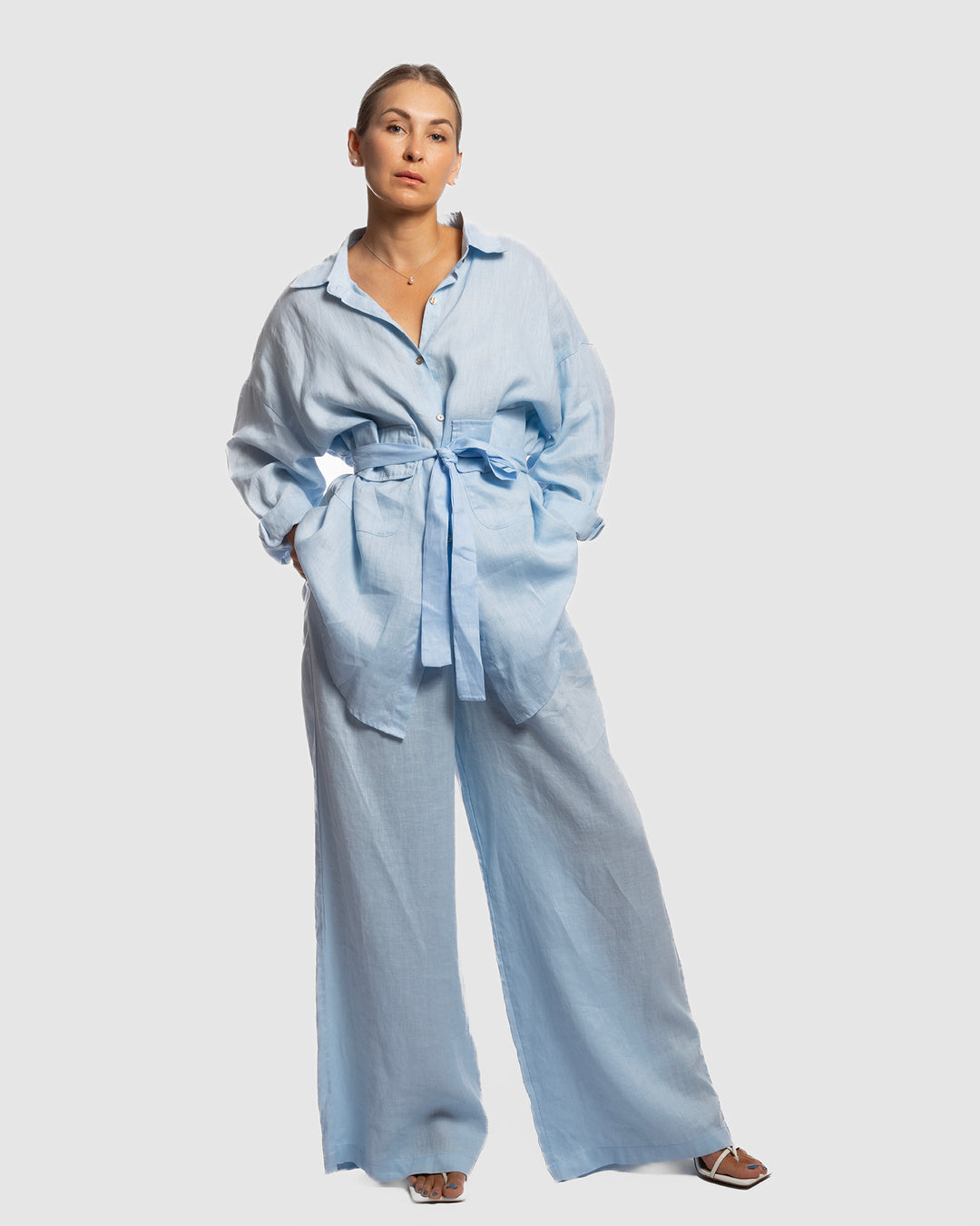 Linen Long Two-Piece Set - Light Blue