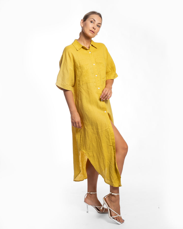 Linen Shirt Dress - Sunflower Yellow