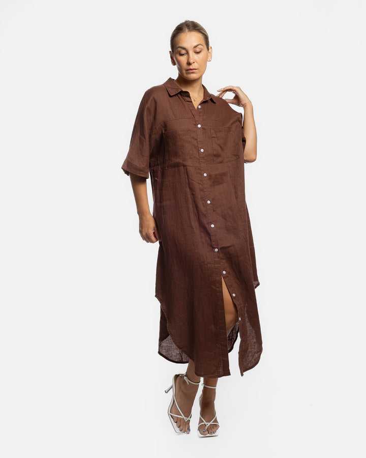 Linen Shirt Dress - Chocolate Brown