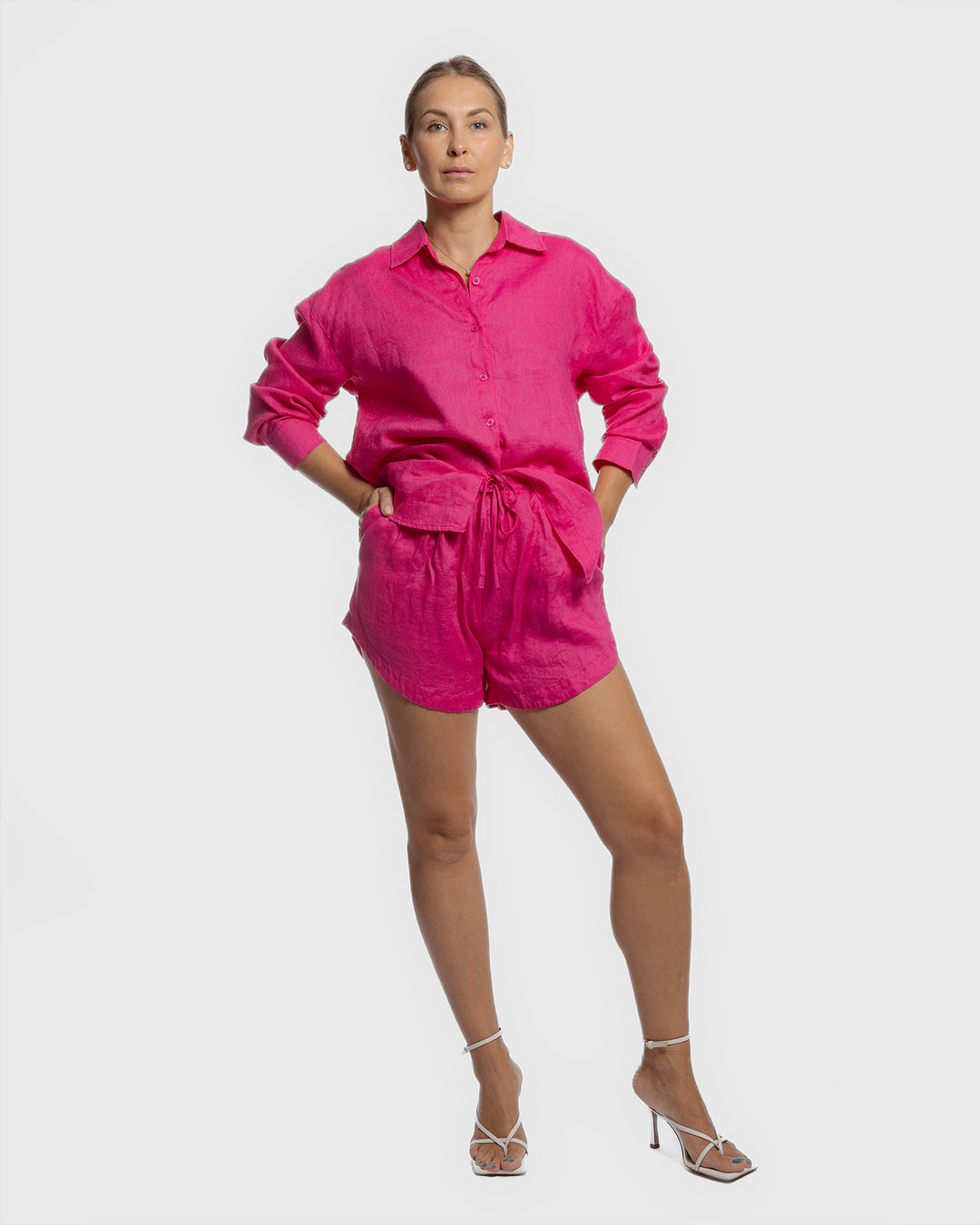 Linen Short Two Piece Set - Hot  Pink