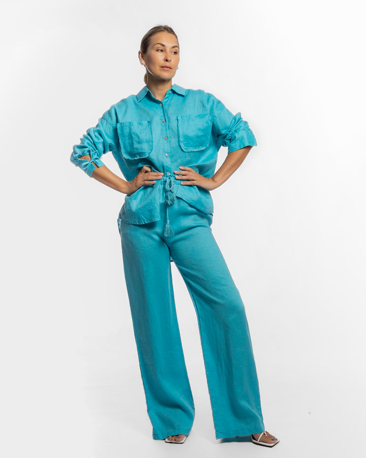 Linen Long Two-Piece Set - Aqua Blue