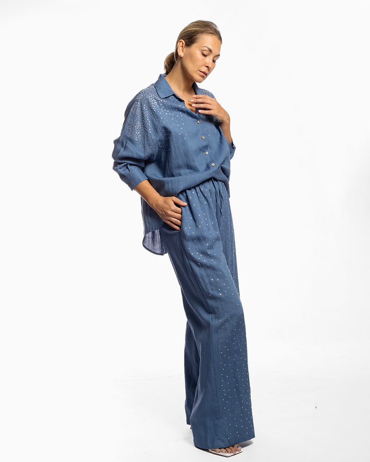 Linen Long Two-Piece Set - Embellished Midnight Blue