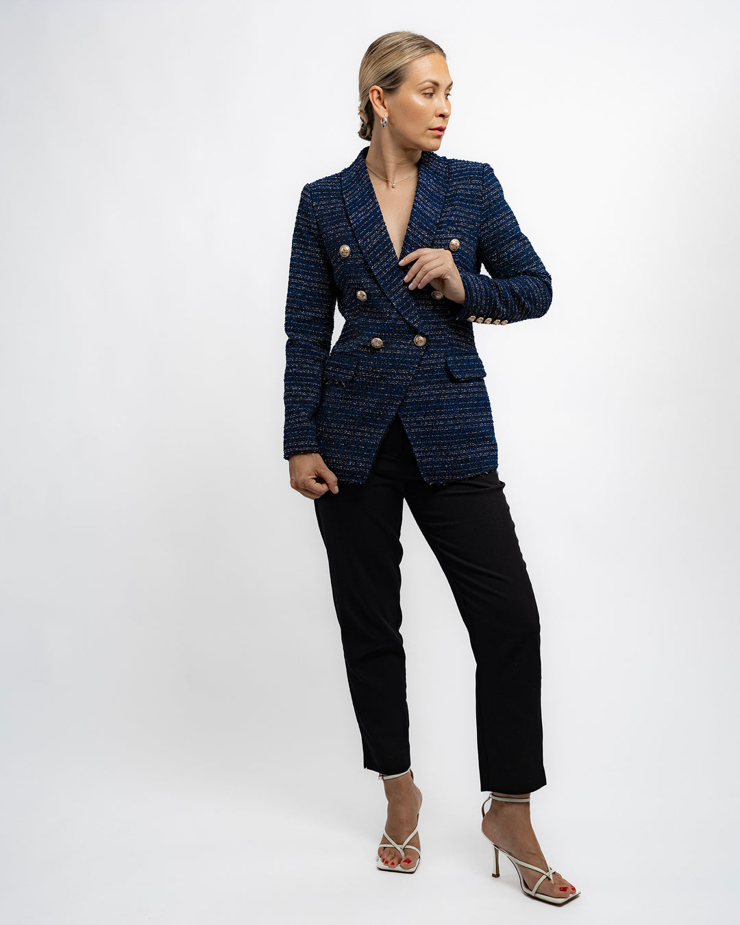 Double-Breasted Tweed Blazer - Navy