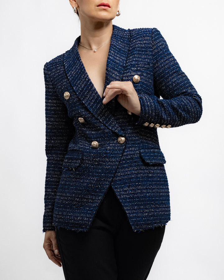 Double-Breasted Tweed Blazer - Navy