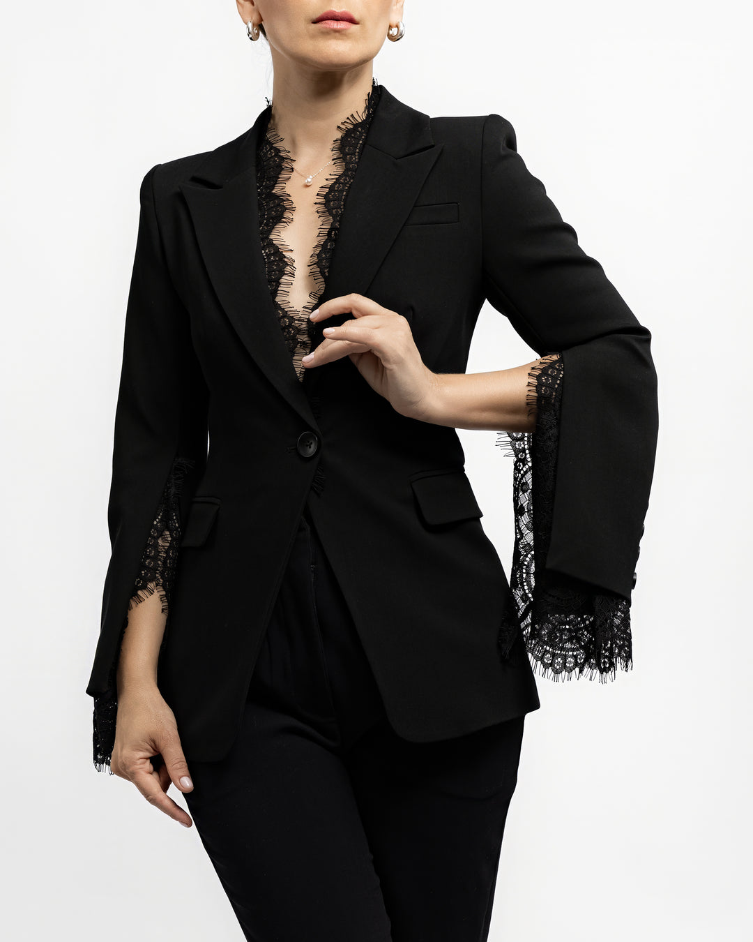 Lace-Trim Tailored Blazer - Black