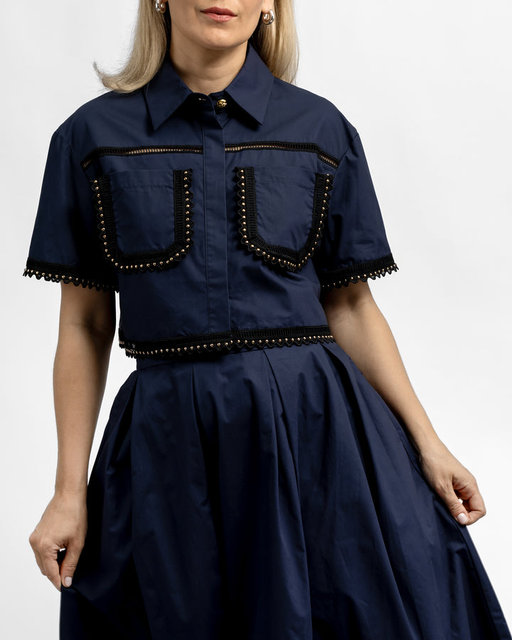 Crochet Trimmed Midi Skirt - Navy