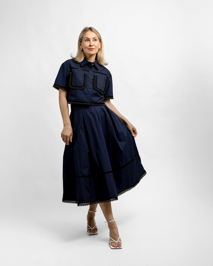 Crochet Trimmed Midi Skirt - Navy