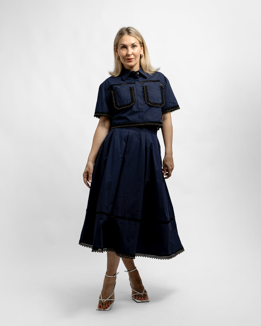 Crochet Trimmed Midi Skirt - Navy