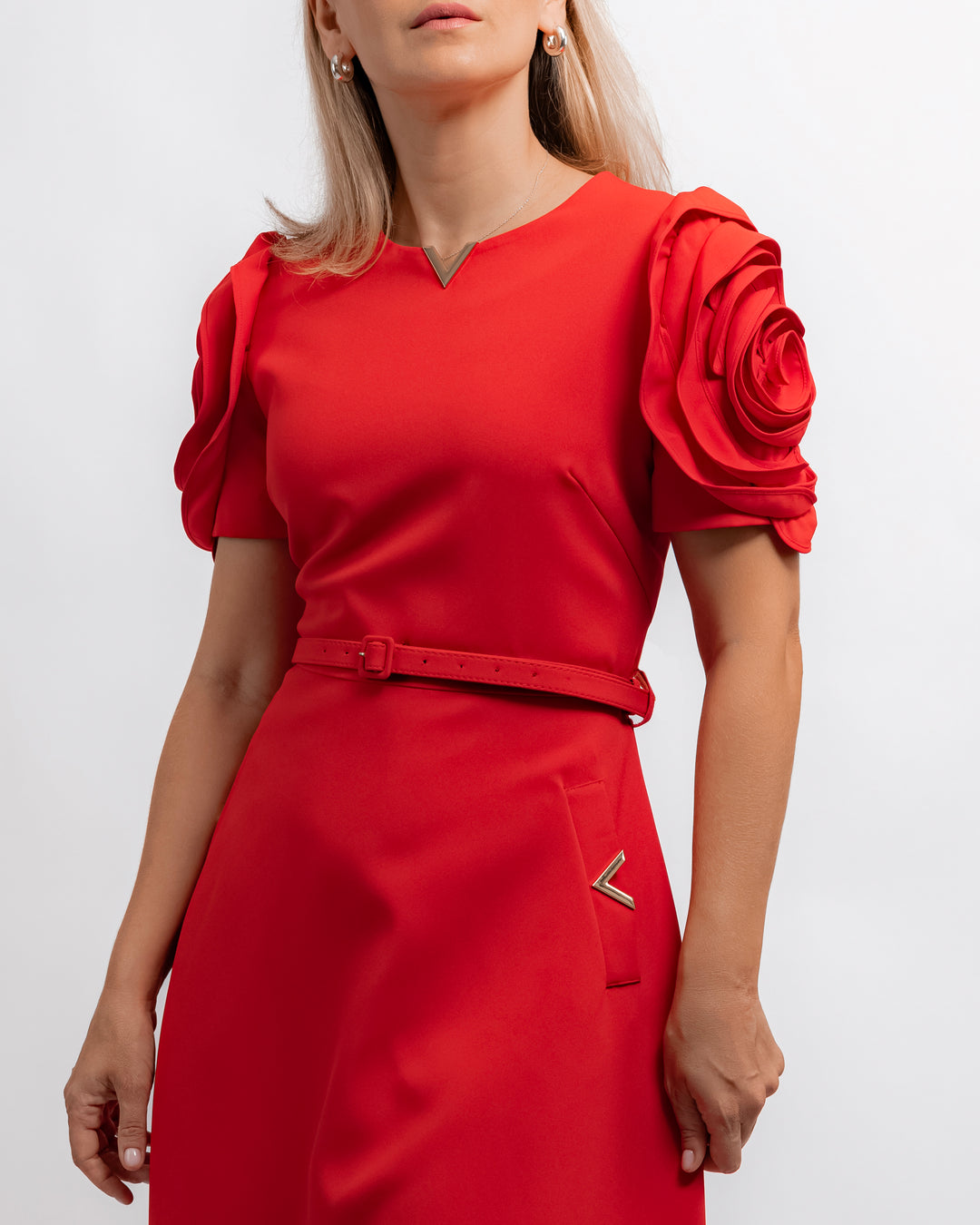 Rose-Shoulder Midi Dress - Red