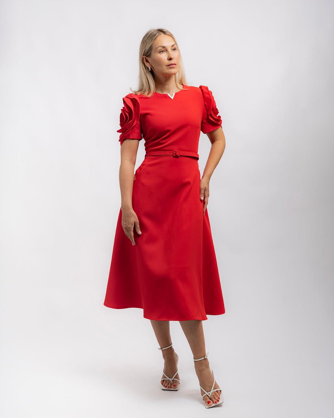 Rose-Shoulder Midi Dress - Red