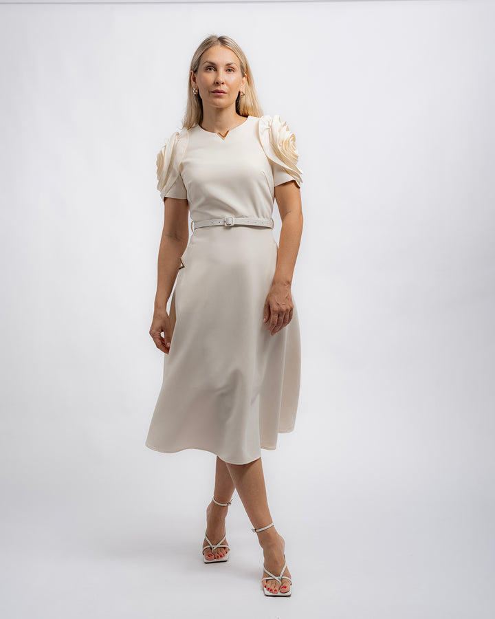 Rose-Shoulder Midi Dress - Ivory