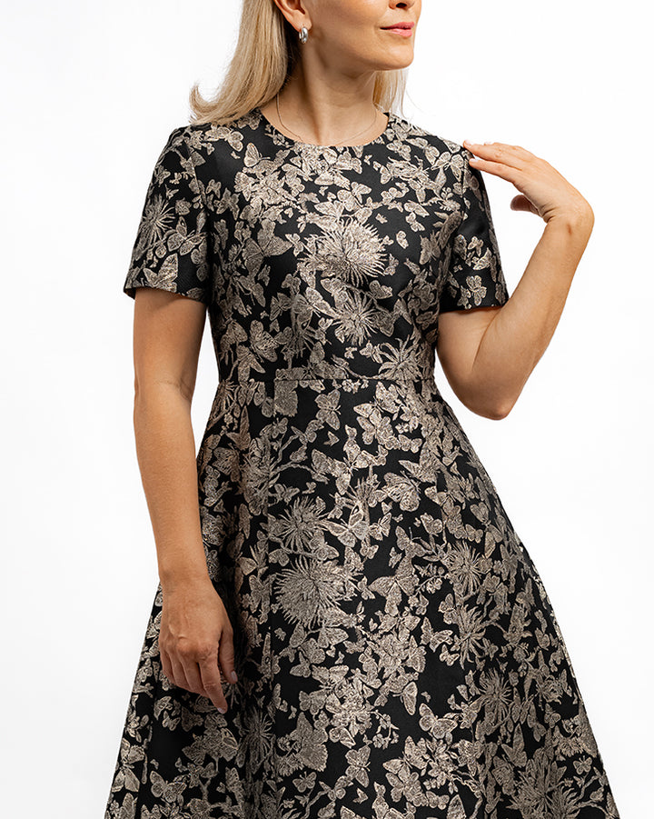 Black & Gold Floral A-Line Midi Dress