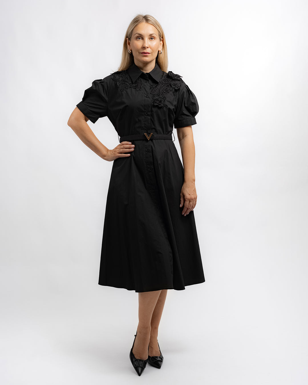 Embroidered Shirt Dress - Black