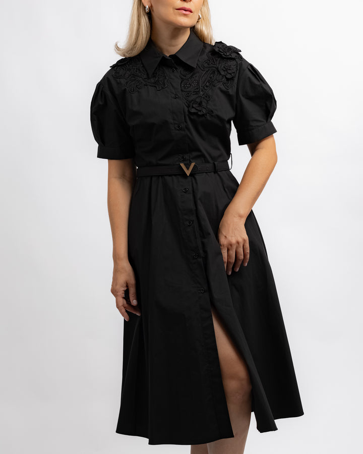 Embroidered Shirt Dress - Black