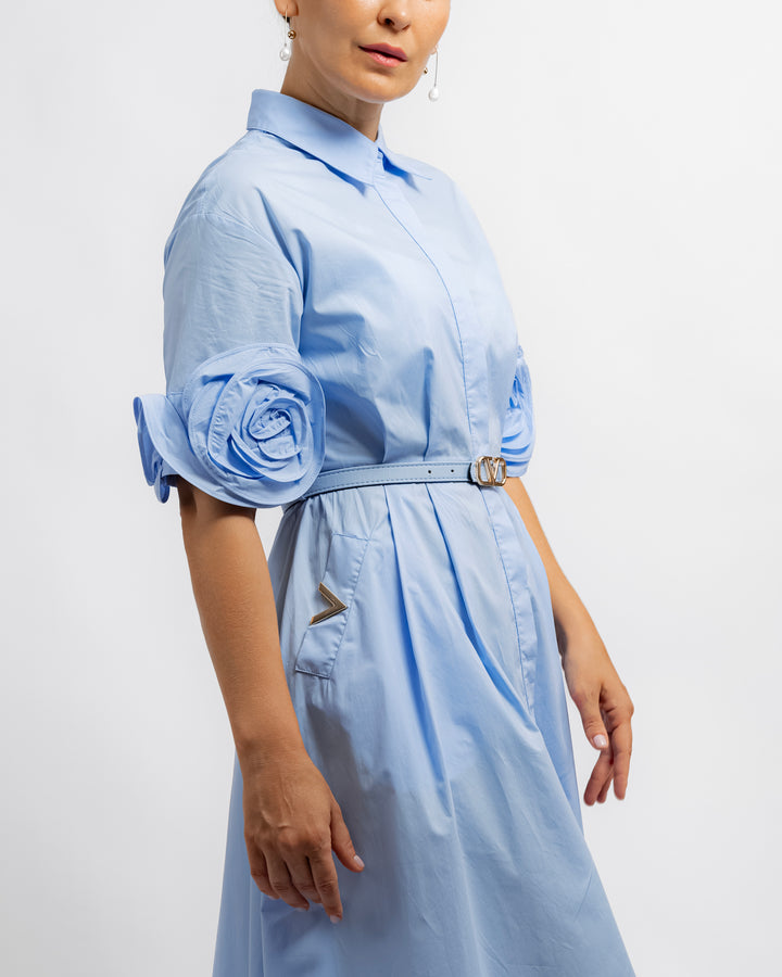 Floral Sleeve Shirt Dress - Blue