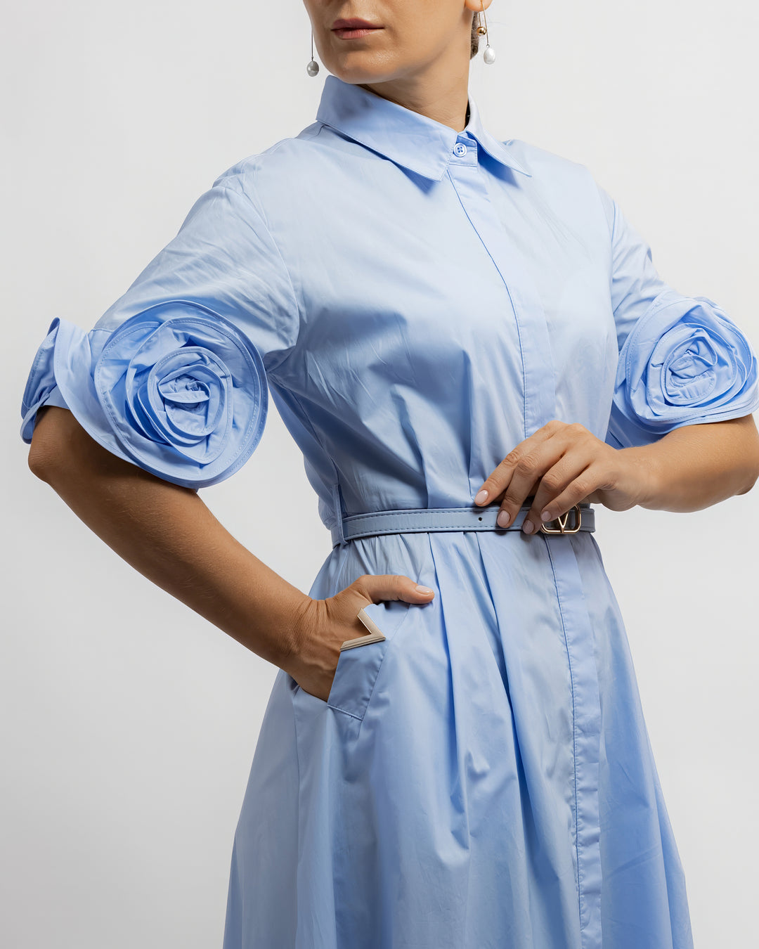 Floral Sleeve Shirt Dress - Blue