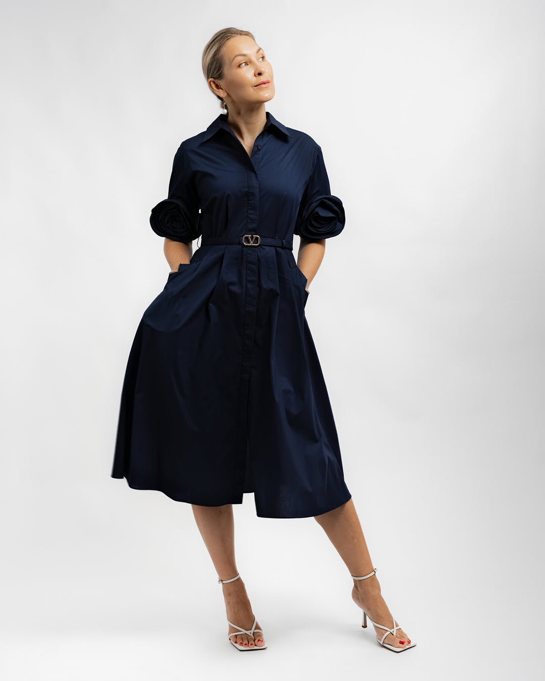 Floral Sleeve Shirt Dress - Navy