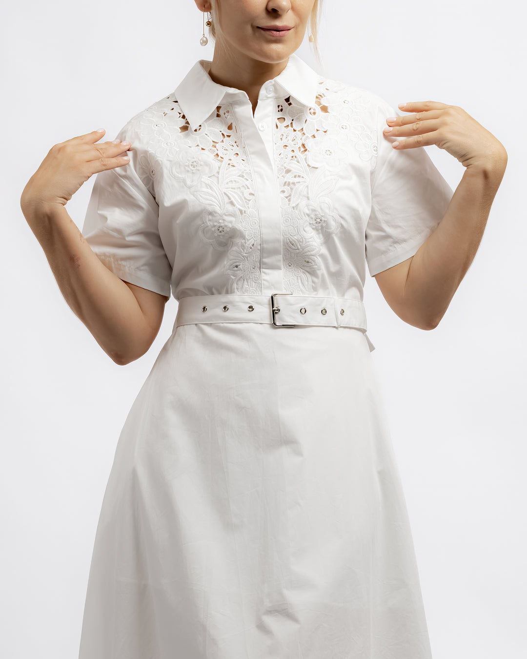 Embroidered Lace Shirt Dress - White