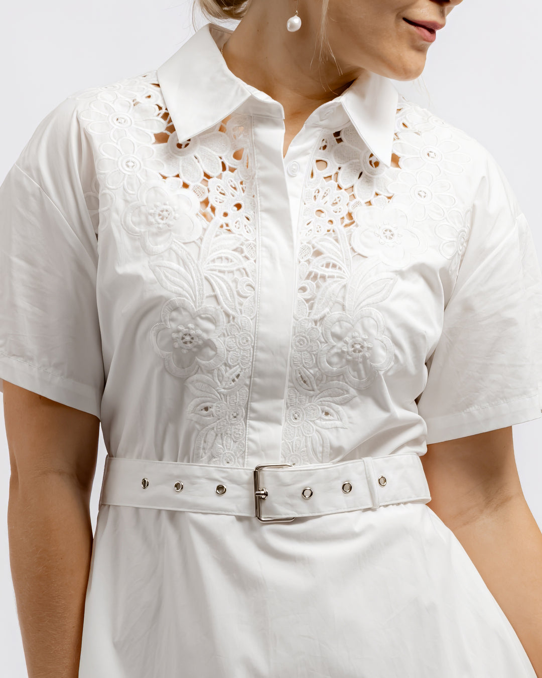 Embroidered Lace Shirt Dress - White