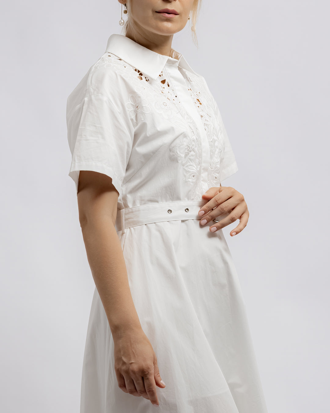 Embroidered Lace Shirt Dress - White