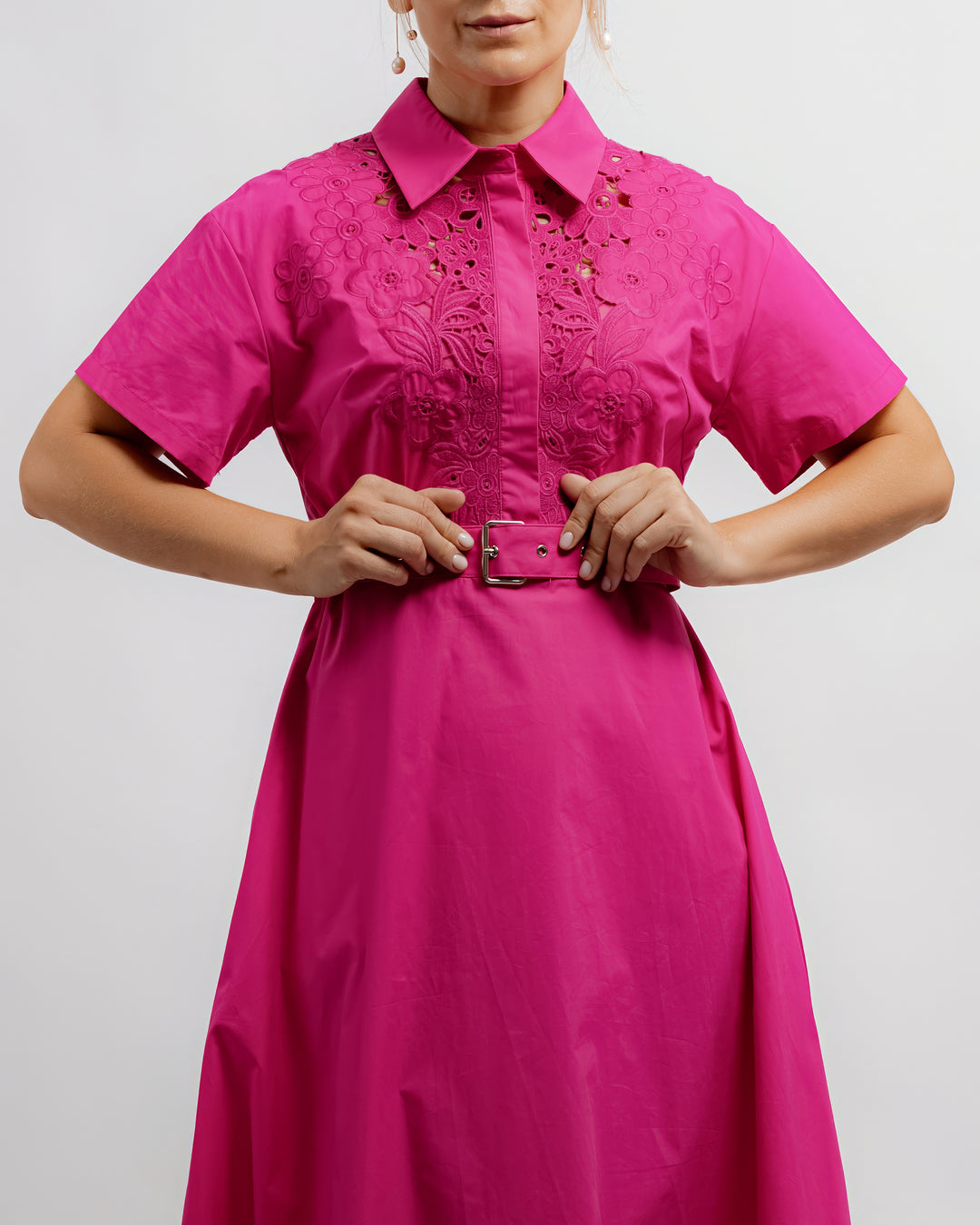 Embroidered Lace Shirt Dress - Fuchsia