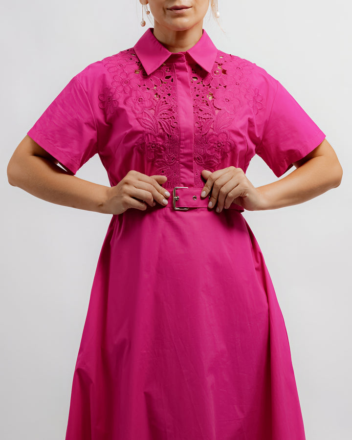 Embroidered Lace Shirt Dress - Fuchsia