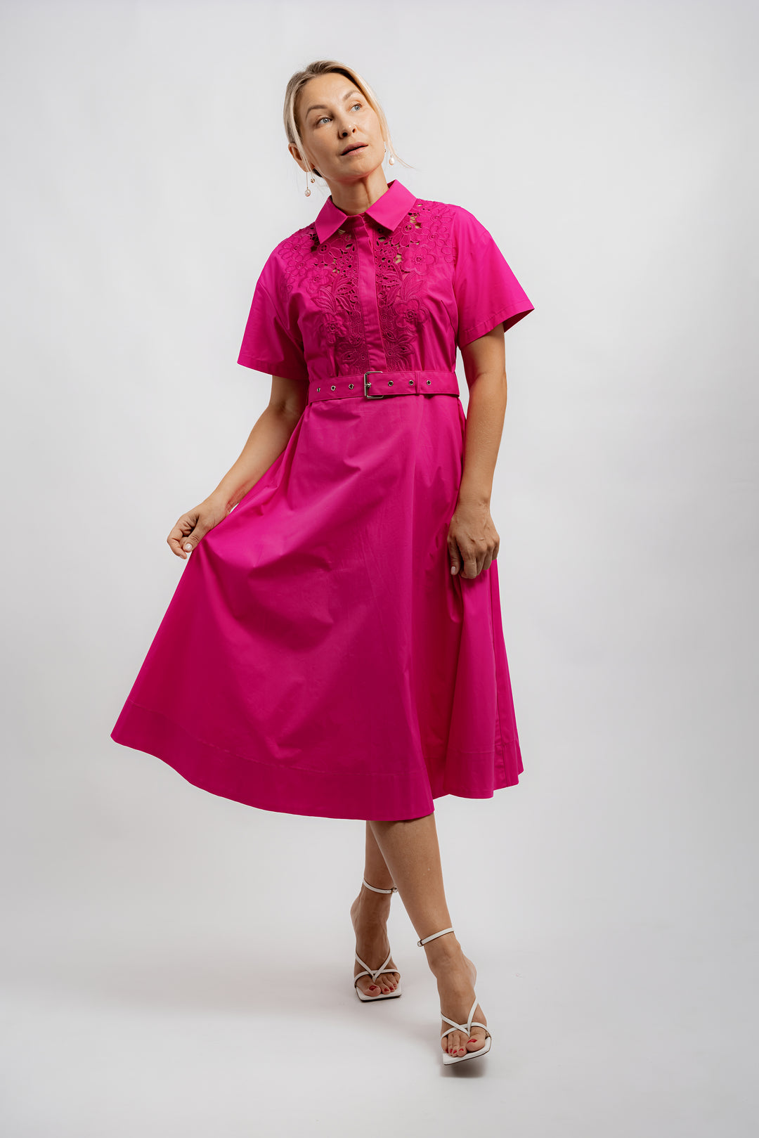 Embroidered Lace Shirt Dress - Fuchsia