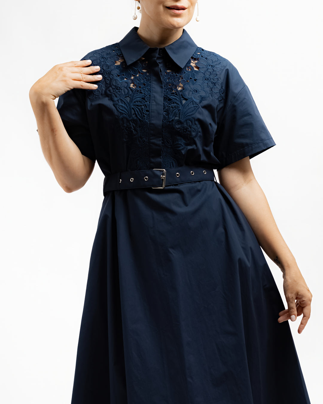 Embroidered Lace Shirt Dress - Navy