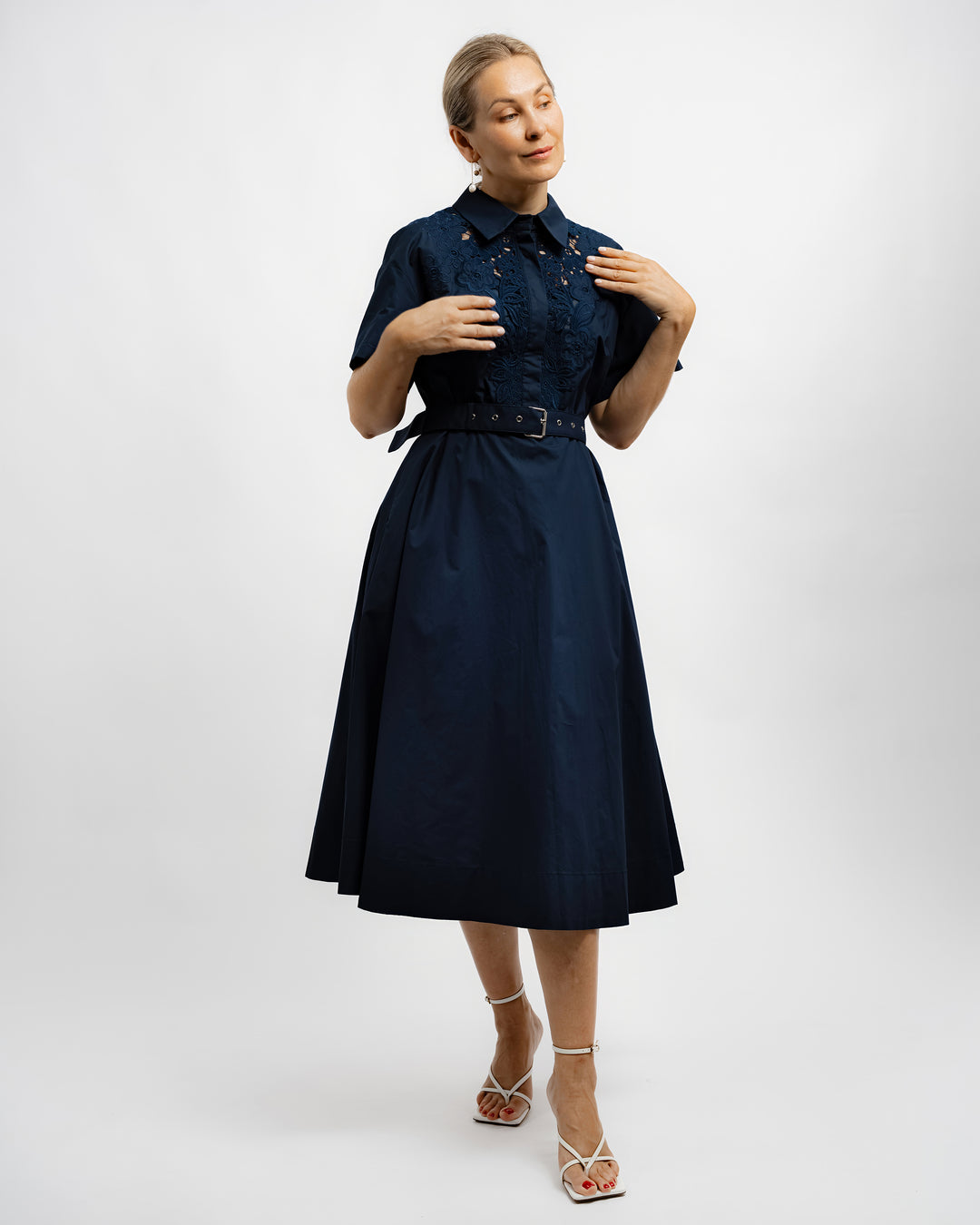 Embroidered Lace Shirt Dress - Navy