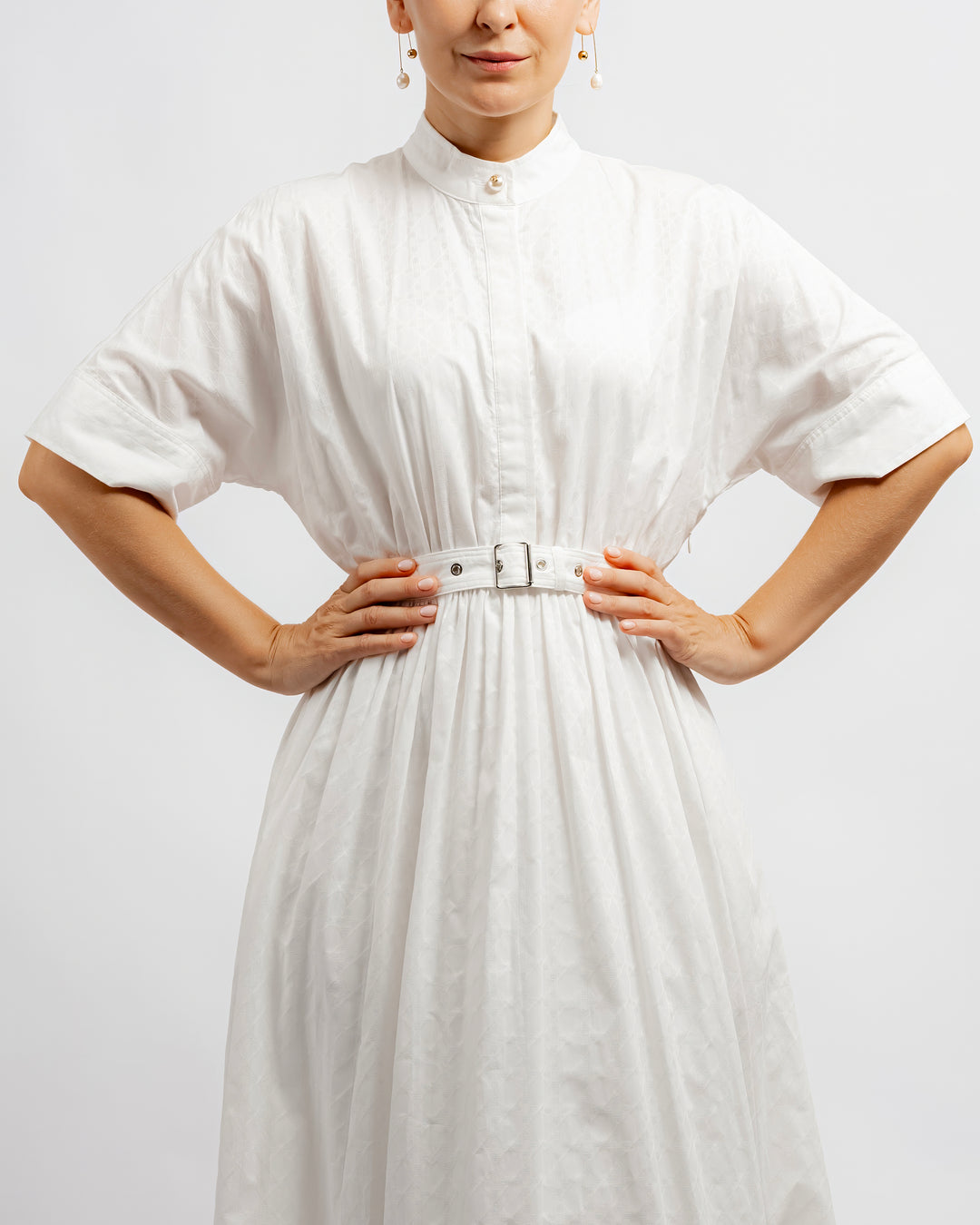 Belted Jacquard Maxi Shirt Dress - White