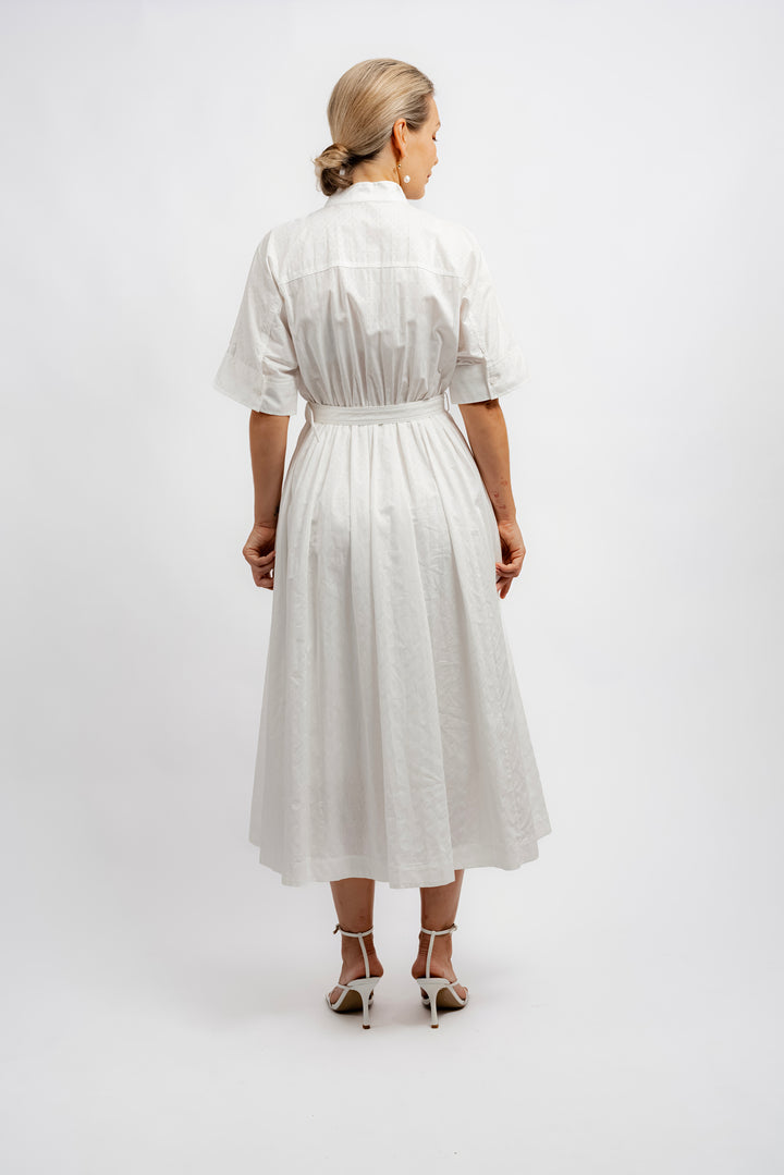 Belted Jacquard Maxi Shirt Dress - White