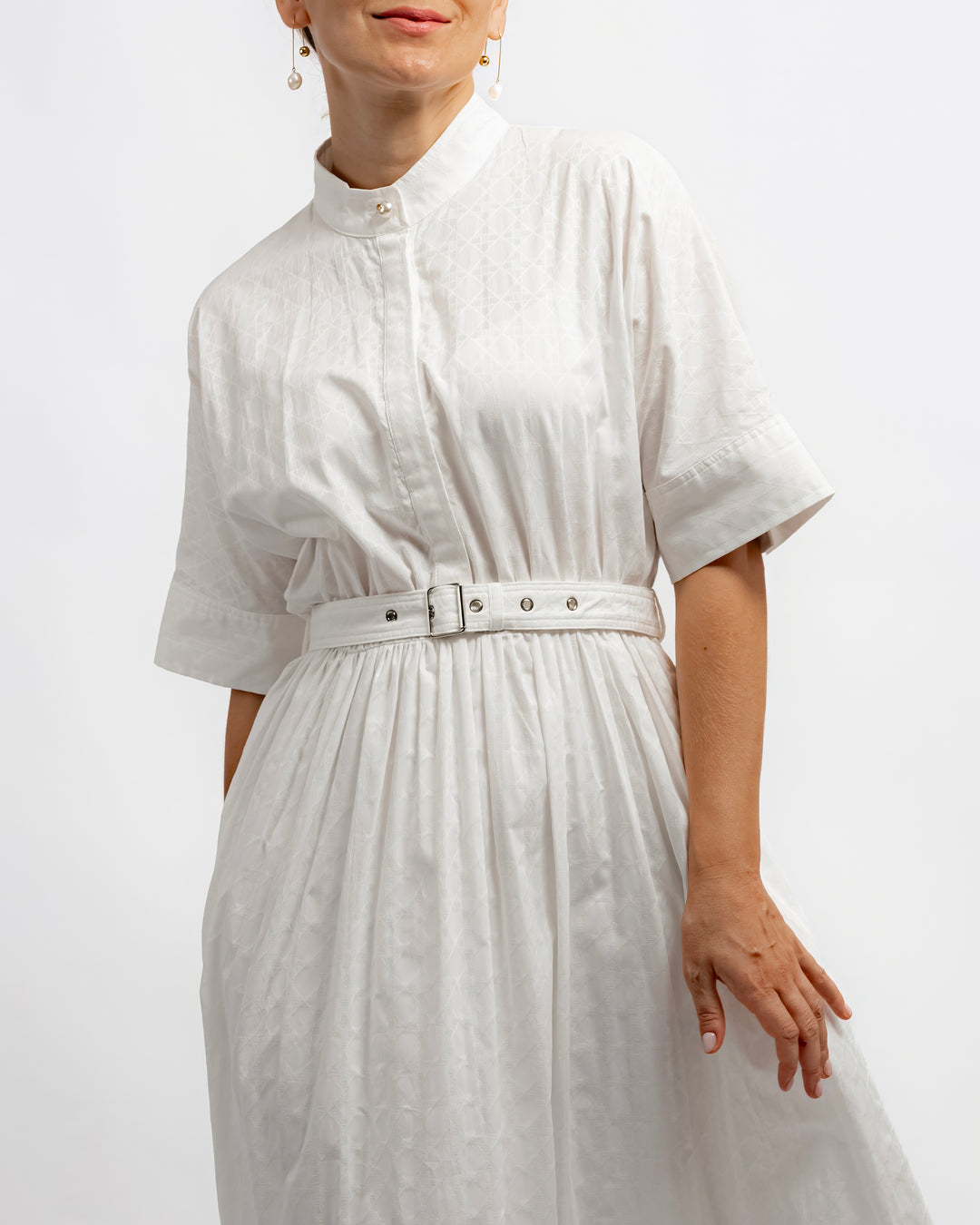 Belted Jacquard Maxi Shirt Dress - White