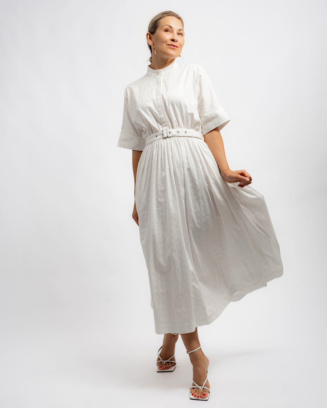 Belted Jacquard Maxi Shirt Dress - White