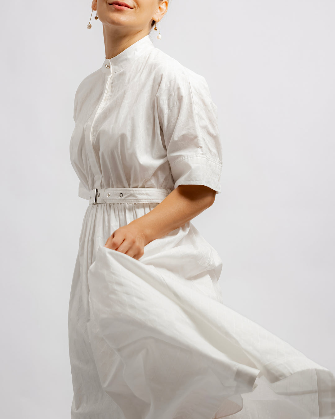 Belted Jacquard Maxi Shirt Dress - White