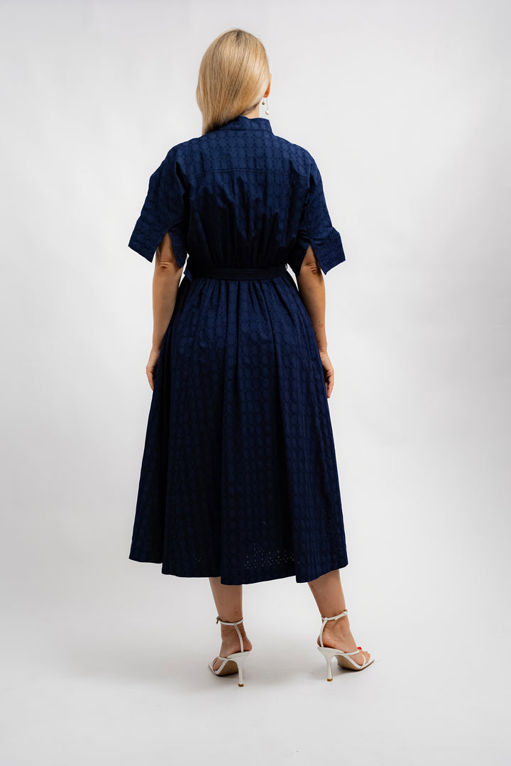 Belted Jacquard Maxi Shirt Dress - Navy