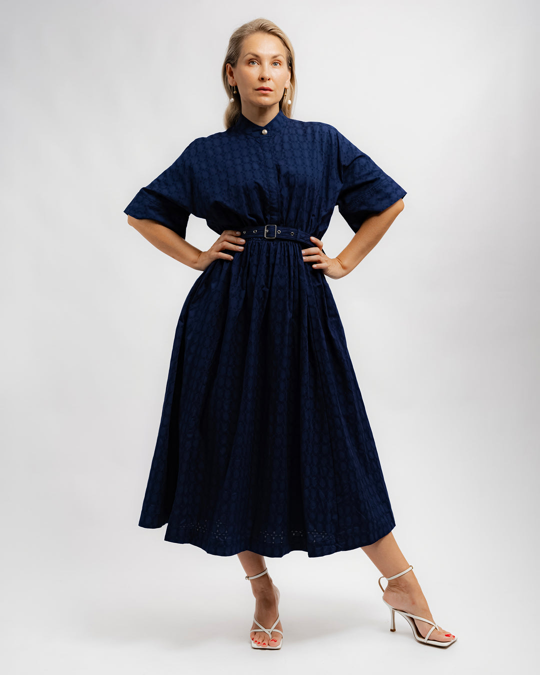 Belted Jacquard Maxi Shirt Dress - Navy