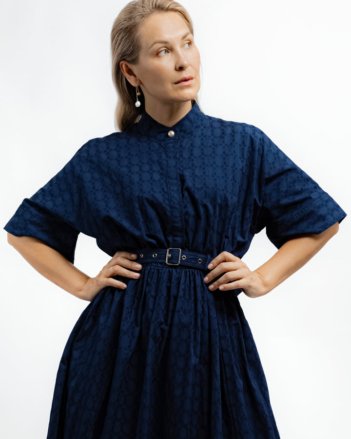 Belted Jacquard Maxi Shirt Dress - Navy