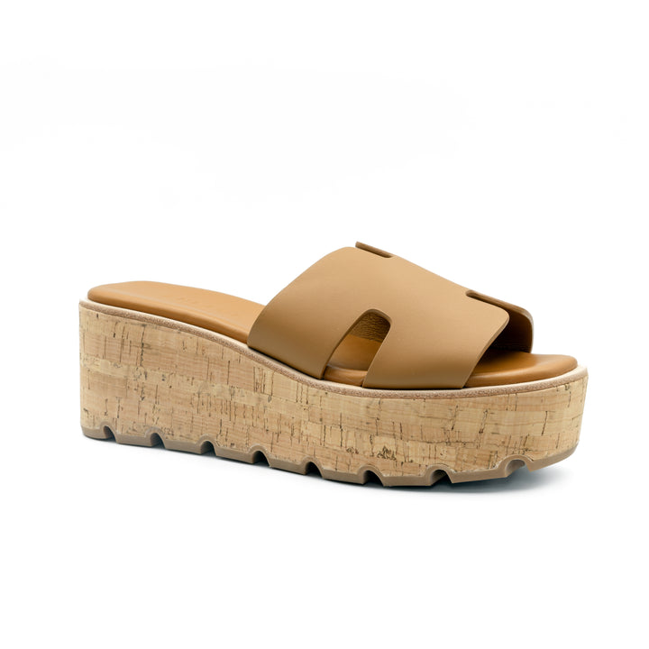 Cork Platform Slide Sandals - Camel