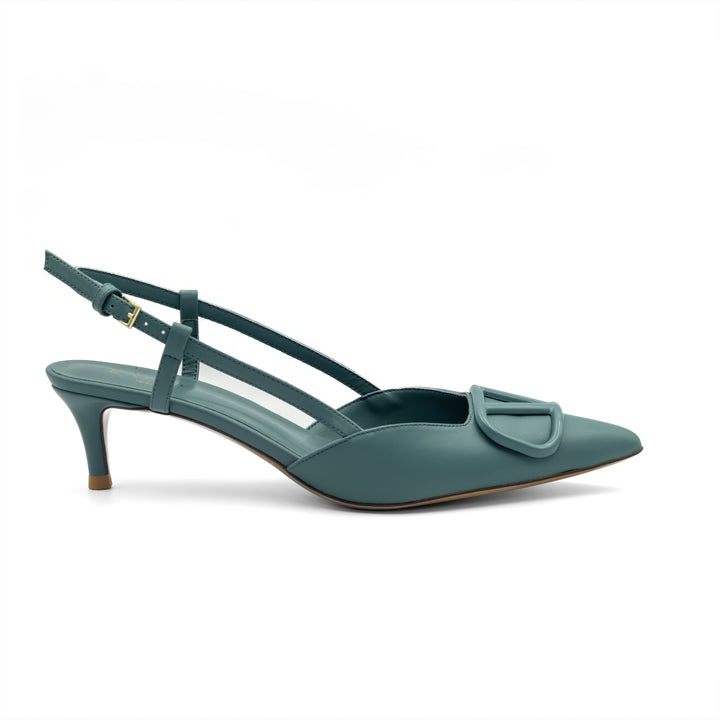 Slingback Kitten Heels with Buckle Detail - Teal