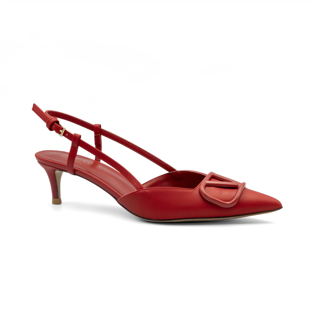 Slingback Kitten Heels with Buckle Detail - Red