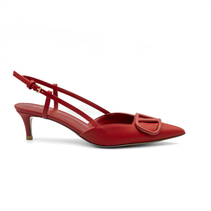 Slingback Kitten Heels with Buckle Detail - Red