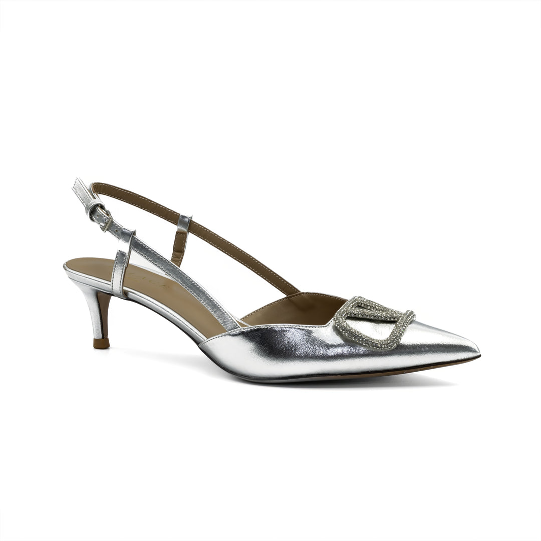 Slingback Kitten Heels with Buckle Detail - Silver