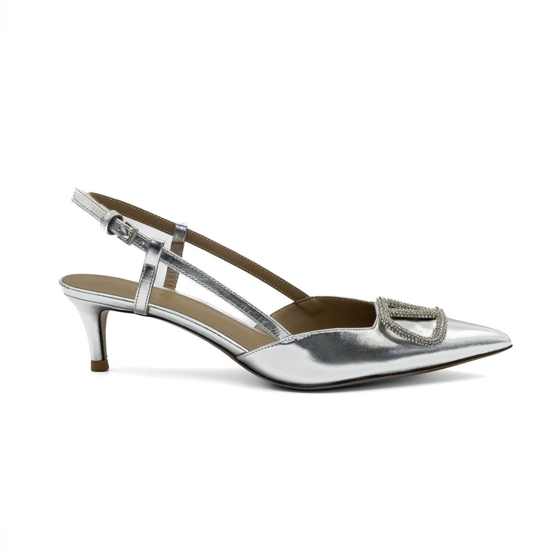 Slingback Kitten Heels with Buckle Detail - Silver