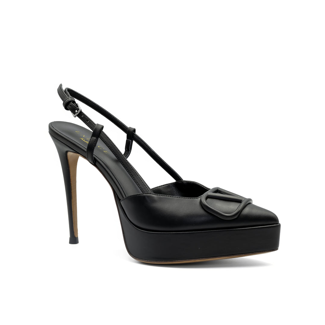 Slingback Platform Heels with Buckle Detail - Black