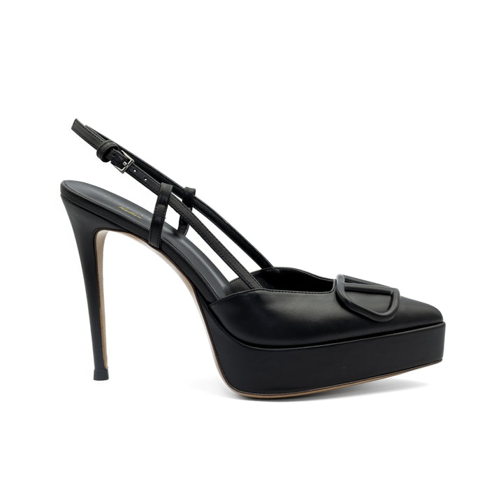 Slingback Platform Heels with Buckle Detail - Black