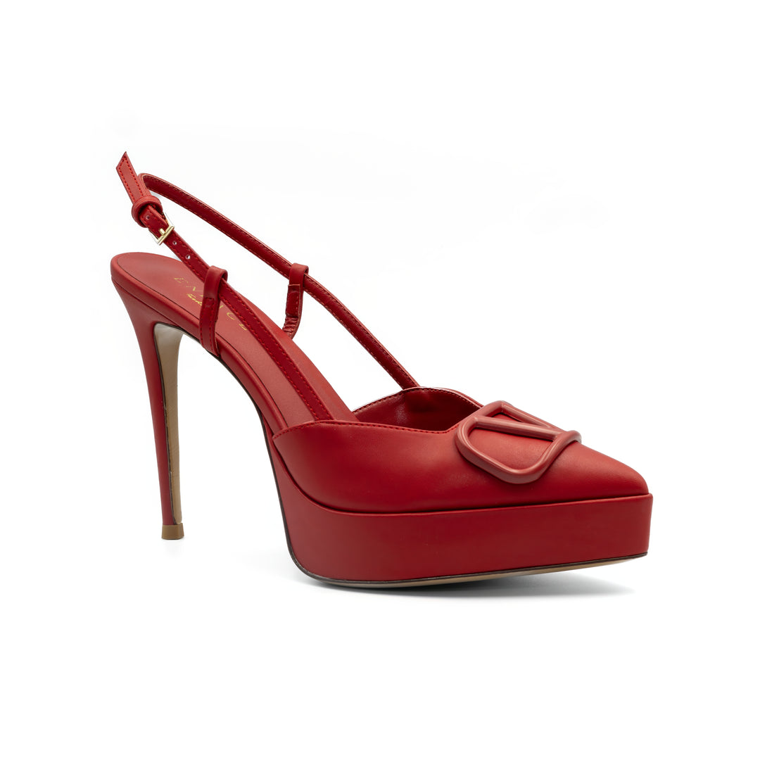 Slingback Platform Heels with Buckle Detail - Red