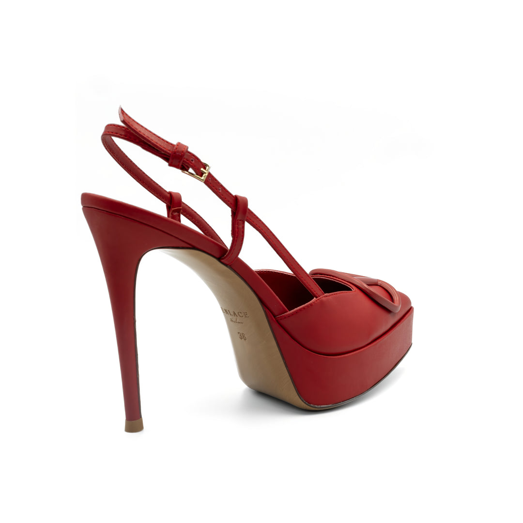 Slingback Platform Heels with Buckle Detail - Red