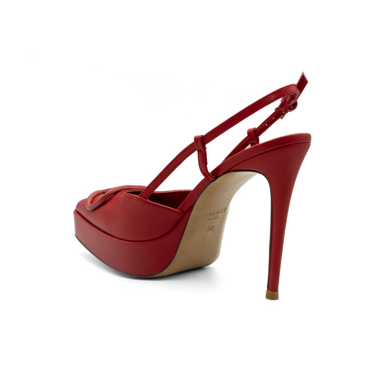 Slingback Platform Heels with Buckle Detail - Red