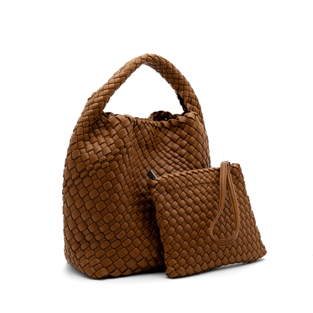 Woven Mini Tote Bag with Matching Purse - Brown