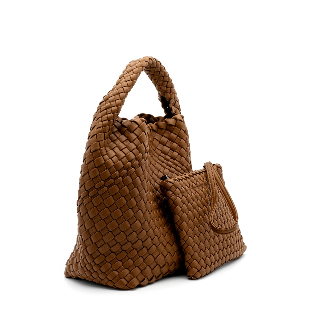 Woven Mini Tote Bag with Matching Purse - Brown